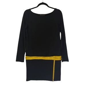 INC INTERNATIONAL CONCEPTS Neon Yellow Zipper Black Long Sleeve Dress Small